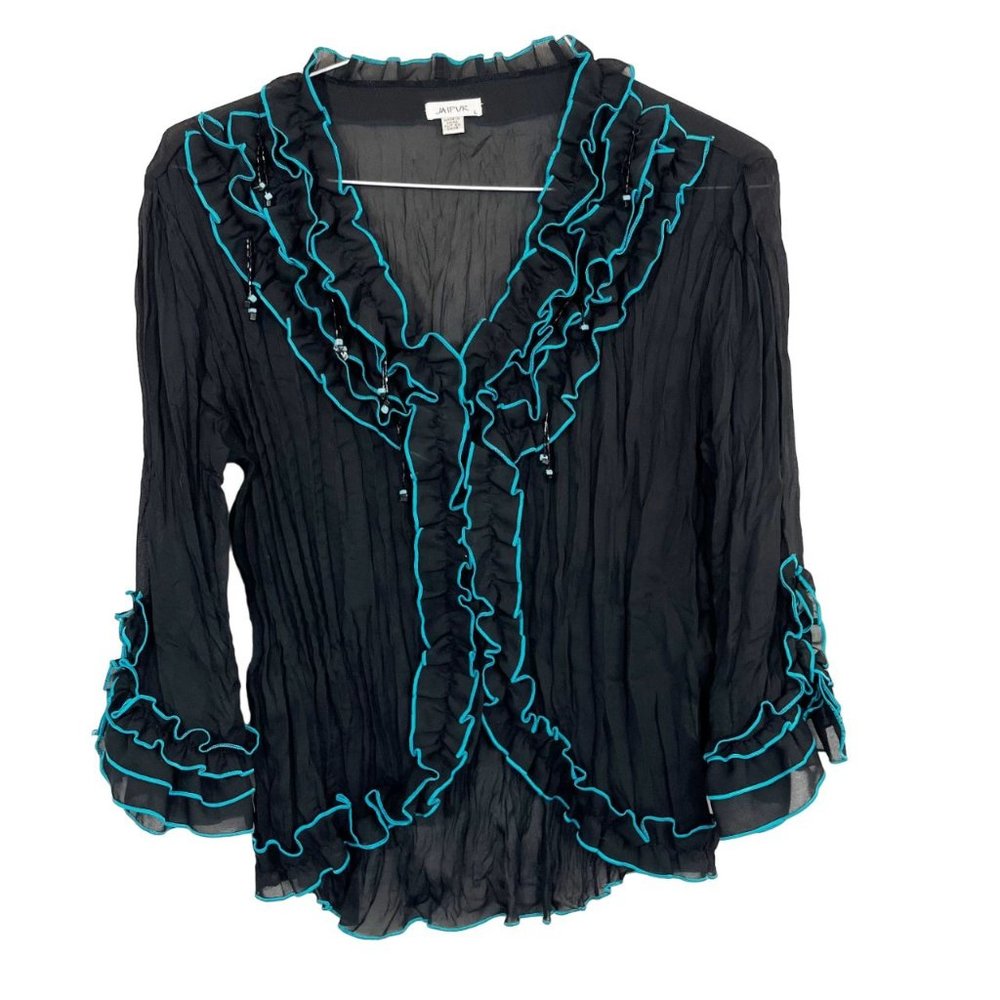 Vintage‎ Y2K Black Sheer Ruffle Beaded Crinkled Blouse - Size Large